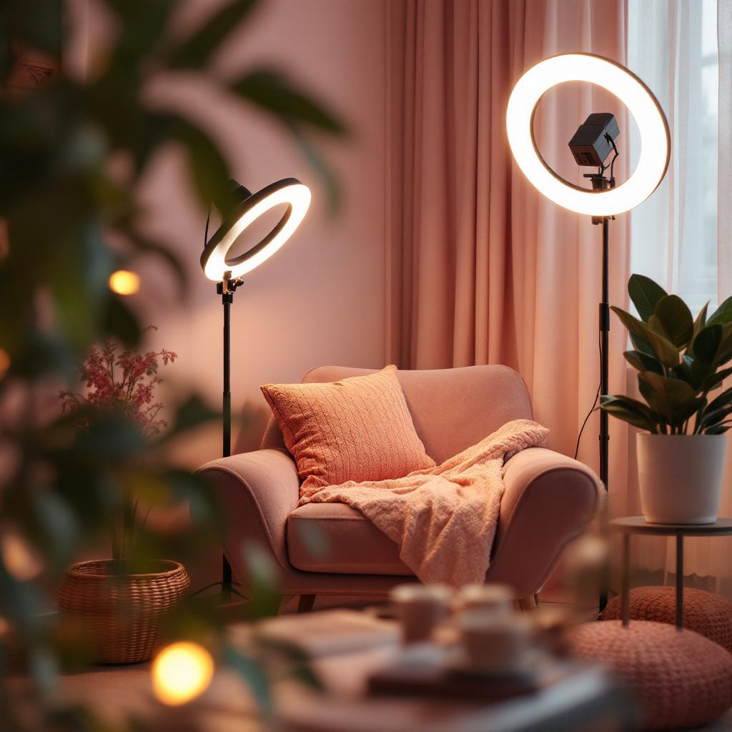 Cosy streaming corner with LED and soft light