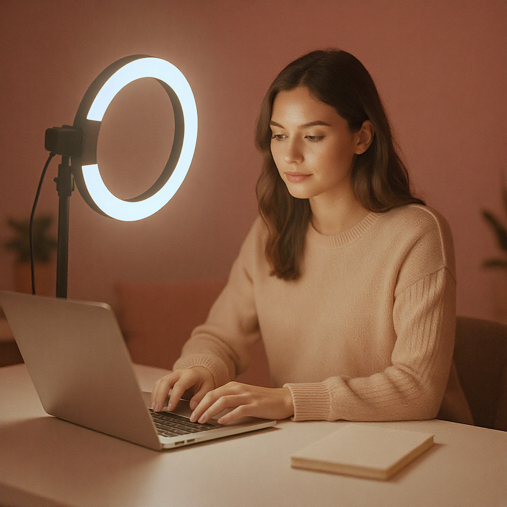Ring light, laptop and notepad setup